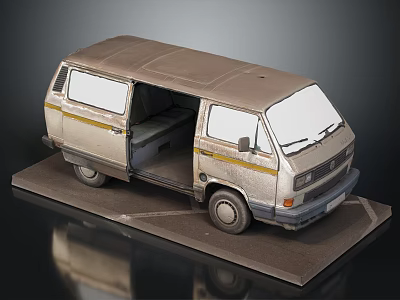 Model Van With Open Doors Interior Seats And Yellow Stripes On Display Platform 3d model