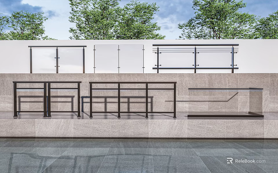 Modern Outdoor Metal Railings With Various Designs And Stone Base 3d model 