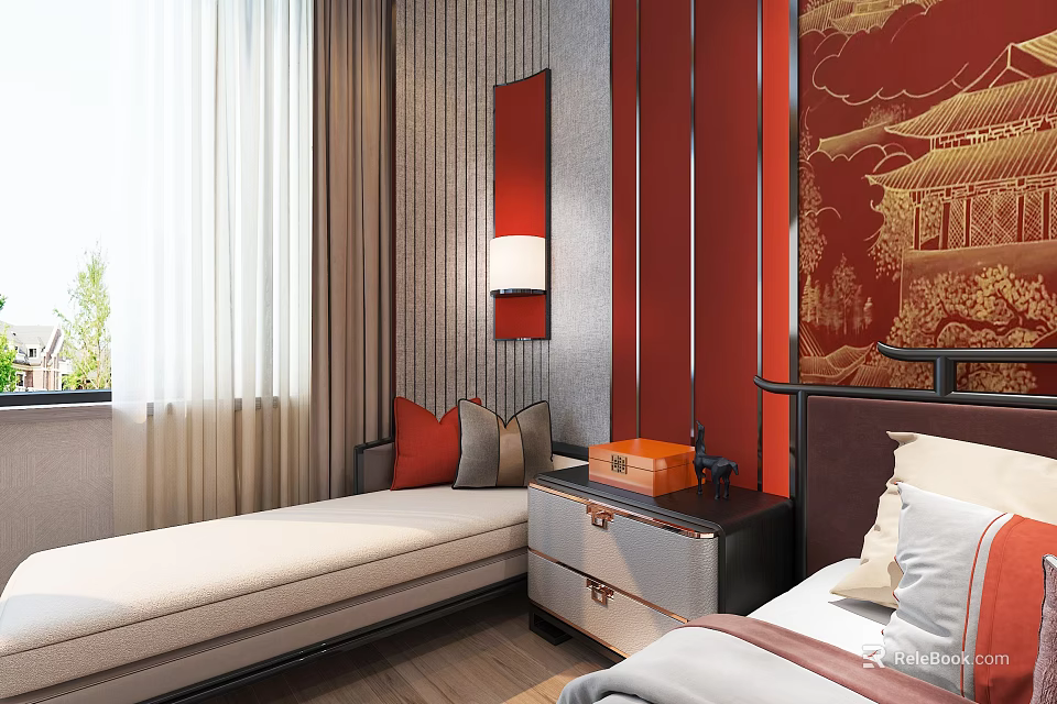 Traditional Chinese Style Beige Chaise Lounge With Red Wall Gold Pattern And Curtains 3d model 