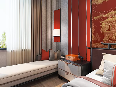 Traditional Chinese Style Beige Chaise Lounge With Red Wall Gold Pattern And Curtains 3d model
