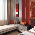 Traditional Chinese Style Beige Chaise Lounge With Red Wall Gold Pattern And Curtains