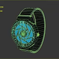Modern Watch With Blue Glowing Dial Green Spiral Pattern And Black Strap 3d model