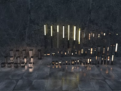 Modern Outdoor Lights Of Different Heights And Designs In Illuminated 3d model