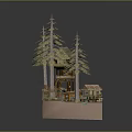 Miniature Scenic Model Featuring Wooden Cottage Pine Trees and Small Pond