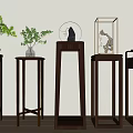 Dark Wooden Plant Stands With Bonsai Small Plants And Decorative Lantern Against Light Wall