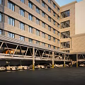 Multi Level Parking Garage Featuring Steel Supports Yellow Black Striped Pillars Parked Cars Surrounding Trees