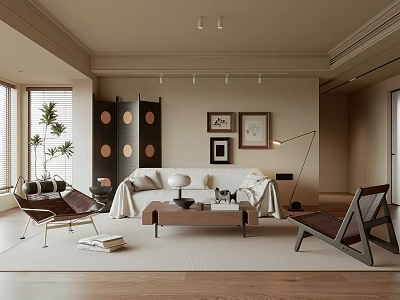 Elegant Living Room Interior With Sofa Wooden Coffee Table Floor Lamp Screen And Wall Art 3d model