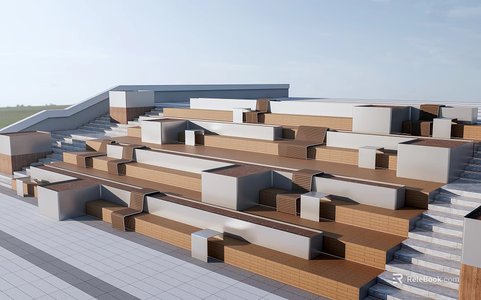 Modern Outdoor Stairs Design With Geometric White And Brown Concrete Platforms 3d model 