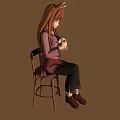Fox Ears Girl Sitting On Chair Holding Rabbit Doll In Brown Outfit
