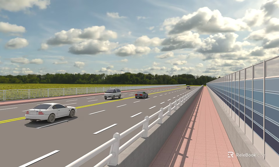Wide Road Infrastructure With Multiple Lanes White Guardrails Red Brick Sidewalk And Blue Sound Barrier 3d model 