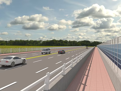 Wide Road Infrastructure With Multiple Lanes White Guardrails Red Brick Sidewalk And Blue Sound Barrier 3d model