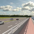 Wide Road Infrastructure With Multiple Lanes White Guardrails Red Brick Sidewalk And Blue Sound Barrier
