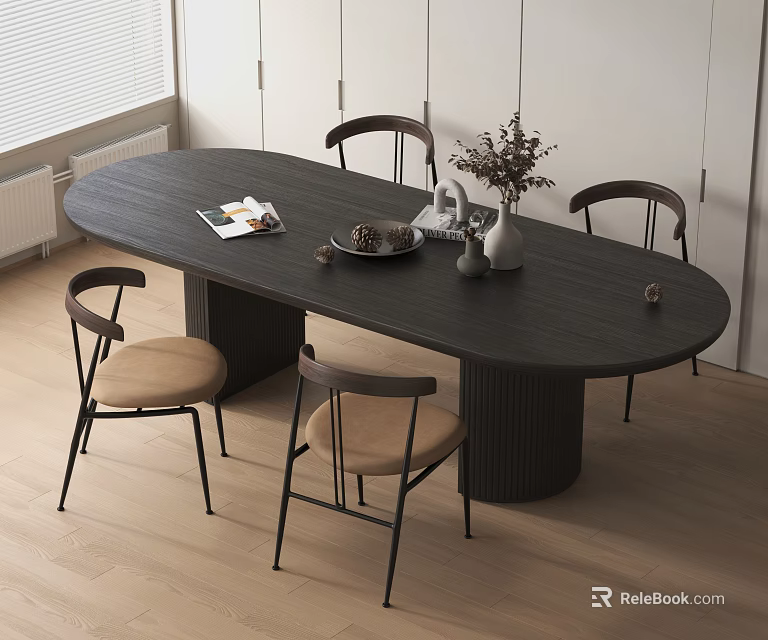 Modern Oval Dark Wood Dining Table Set With Four Brown Cushioned Chairs And Tabletop Decorations 3d model 