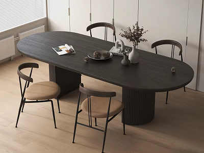 Modern Oval Dark Wood Dining Table Set With Four Brown Cushioned Chairs And Tabletop Decorations 3d model