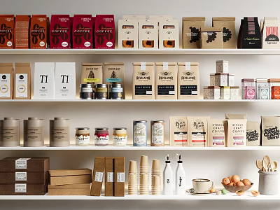 Assorted Food Products On Shelf With Various Packaging Boxes And Cans 3d model