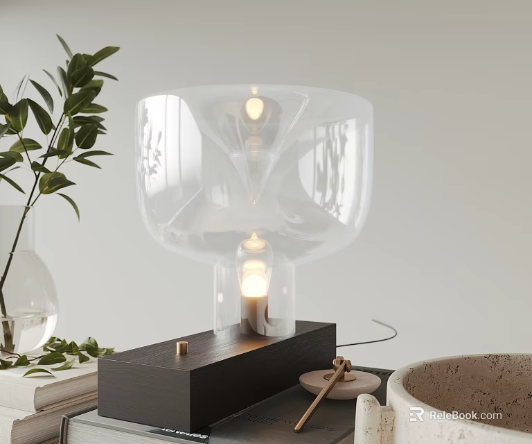 Modern Transparent Glass Table Lamp With Black Base And Green Plant Decor 3d model 