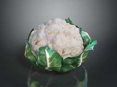 Natural Organic Fresh Cauliflower With Green Leaves On Dark Surface 3d model