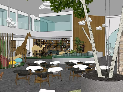 Bright Modern Sales Office With Green Plants Tree Trunks Tables Bookshelf And Large Windows 3d model