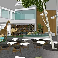 Bright Modern Sales Office With Green Plants Tree Trunks Tables Bookshelf And Large Windows