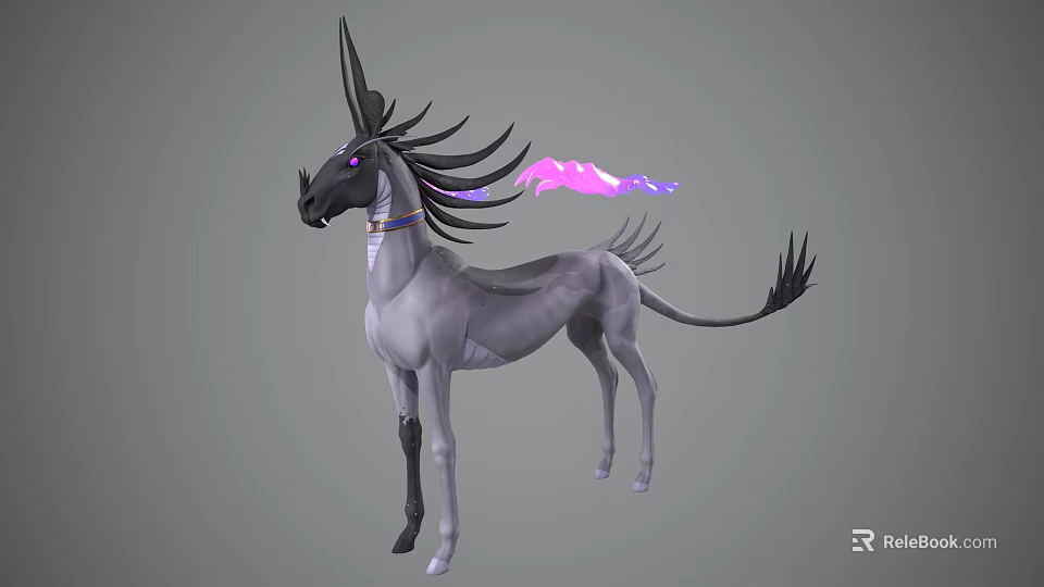 Mythical Gray Creature With Black Horn Purple Eyes And Glowing Pink Purple Mane Tail 3d model 