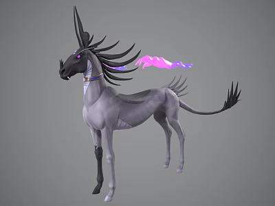 Mythical Gray Creature With Black Horn Purple Eyes And Glowing Pink Purple Mane Tail 3d model