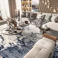 Elegant Modern Sofa Coffee Table Set With Blue White Rug Decorative Pillows And Lighting 3d model