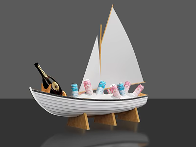 Boat Shaped Launch Device With White Sails Wooden Stands Champagne Bottle And Colorful Small Bottles 3d model