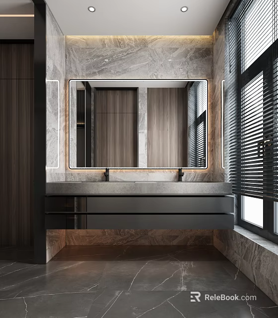 Elegant Modern Bathroom Vanity With Marble Countertop And Large Mirror Design 3d model 