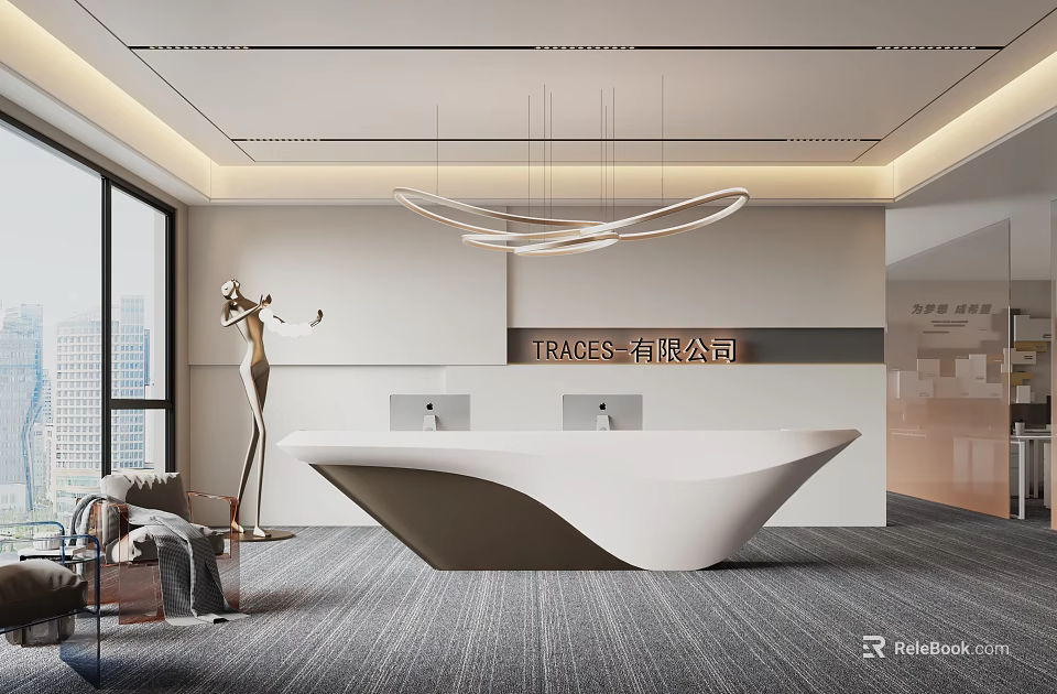 Modern Front Reception Desk With Curved Design Circular Pendant Lights TRAVIS TRAVAD Signage And Sculpture 3d model 