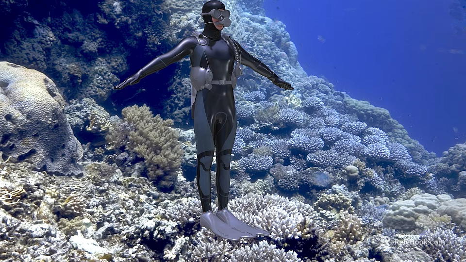 Game And Movie Character Scuba Diving In Underwater Coral Reef With Black Wetsuit And Gear 3d model 