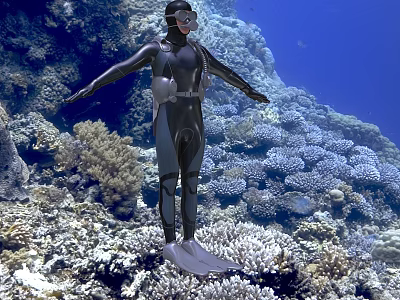 Game And Movie Character Scuba Diving In Underwater Coral Reef With Black Wetsuit And Gear 3d model