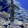 Game And Movie Character Scuba Diving In Underwater Coral Reef With Black Wetsuit And Gear