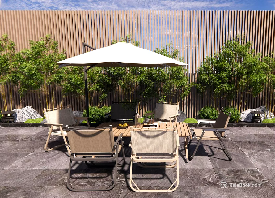 Outdoor Dining Set with Umbrella and Wooden Wall Surrounded by Green Plants in Patio Area 3d model 