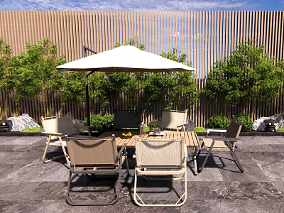 Outdoor Dining Set with Umbrella and Wooden Wall Surrounded by Green Plants in Patio Area 3d model