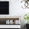 Modern TV Stand With Flat Screen TV On Marble Wall And Decorative Items 3d model