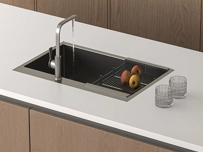 Modern Kitchen Sink With Faucet Water Flowing Drainer Fruits And Glass Cups On Countertop 3d model