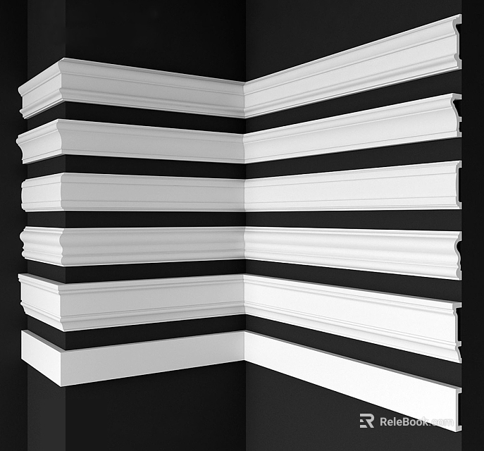 Various White Crown Molding Styles In Corner On Black Background 3d model 