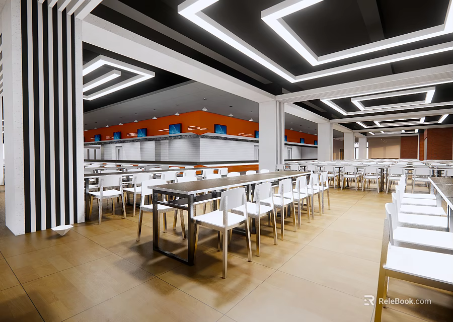 Modern Restaurant Interior With White Tables Chairs And Geometric Ceiling Lighting 3d model