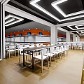 Modern Restaurant Interior With White Tables Chairs And Geometric Ceiling Lighting 3d model