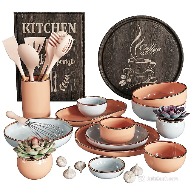 Coral White Modern Dinnerware Set With Bowls Plates Wooden Coffee Tray And Succulents 3d model 