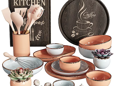 Coral White Modern Dinnerware Set With Bowls Plates Wooden Coffee Tray And Succulents 3d model