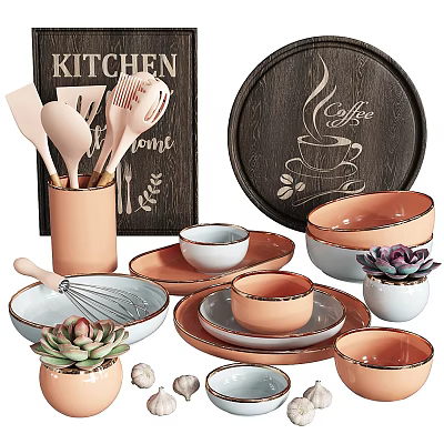 Coral White Modern Dinnerware Set With Bowls Plates Wooden Coffee Tray And Succulents 3d model