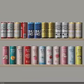 Colorful Canned Beverages Arranged on Wooden Shelves with BIG CHE ELIX and Other Brand Labels