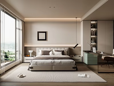 Modern Bedroom Interior With Large Window Curtains Bed Pillows Nightstand Framed Art Pendant Light And Rug 3d model
