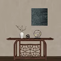 Wooden Console Table With Beige Textured Wall Dark Square Artwork White Vase And Geometric Decor