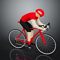 Cyclist In Red Shirt And Cap Riding Red Bicycle With Black Shorts On Gray Background