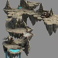 Floating Rocky Platforms Connected By Bridges With Water Pools And Withered Trees 3d model