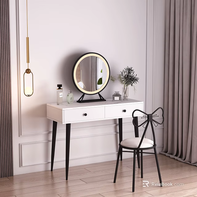 White Dressing Table With Round Gold Mirror Two Drawers Black Legs White Chair Green Plant 3d model 