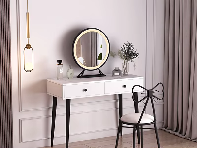 White Dressing Table With Round Gold Mirror Two Drawers Black Legs White Chair Green Plant 3d model