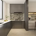 Modern Kitchen Interior With Gray Cabinets Large Window City View And Countertop Fruits Plant